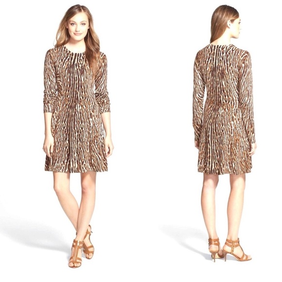New Michael Kors Fit & Flare Leopard Animal Print Long Sleeve Sweater Dress Sm - Picture 2 of 14